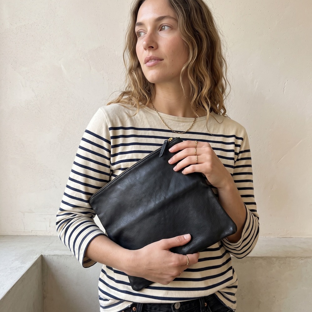 Clare V Womens Foldover Clutch Black Pebbled Leather Large Zip Pouch Minimalist